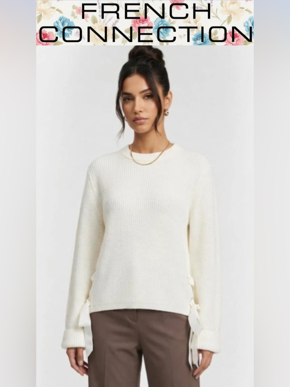 NWT French Connection Kaila Ivory Cream Ribbed Crewneck Sweater with Side Ties
